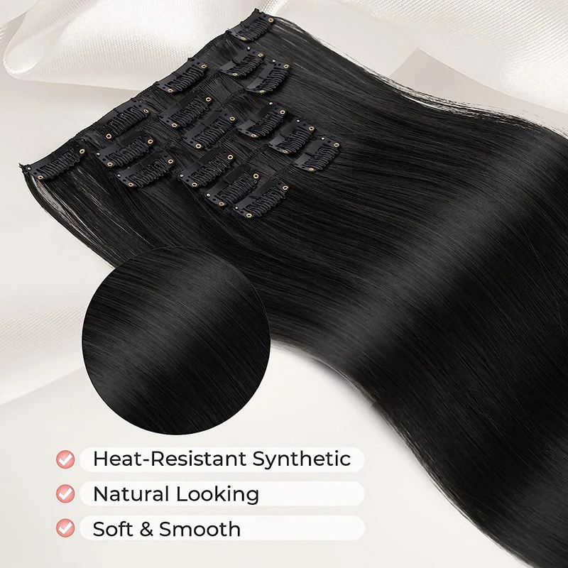 Extensions de cheveux synthétiques longs et raides pour femmes, pince complète, fibre de degré de chaleur ombrée, 16 clips, 24 po, 60cm, 140g, ensemble de 6 pièces