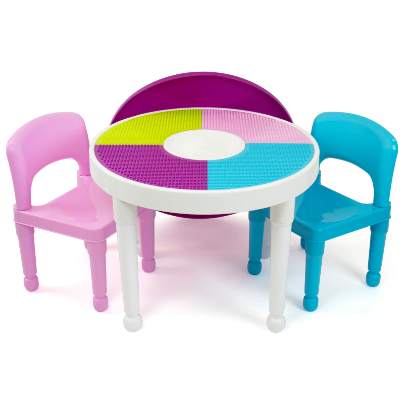 Meja kegiatan plastik 2-in-1 untuk anak-anak, Set 2 kursi, Meja sekolah dan kursi bulat, putih, biru & merah muda