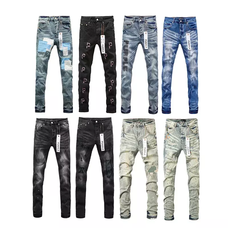 Jeans de marca roxa de alta qualidade, tendência americana High Street Hole Patch, calça reta retrô elegante e fina