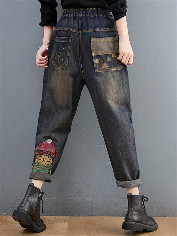Женские джинсовые брюки с вышивкой, модные повседневные бриджи с высокой талией и карманами, синие шаровары для мам, 6537