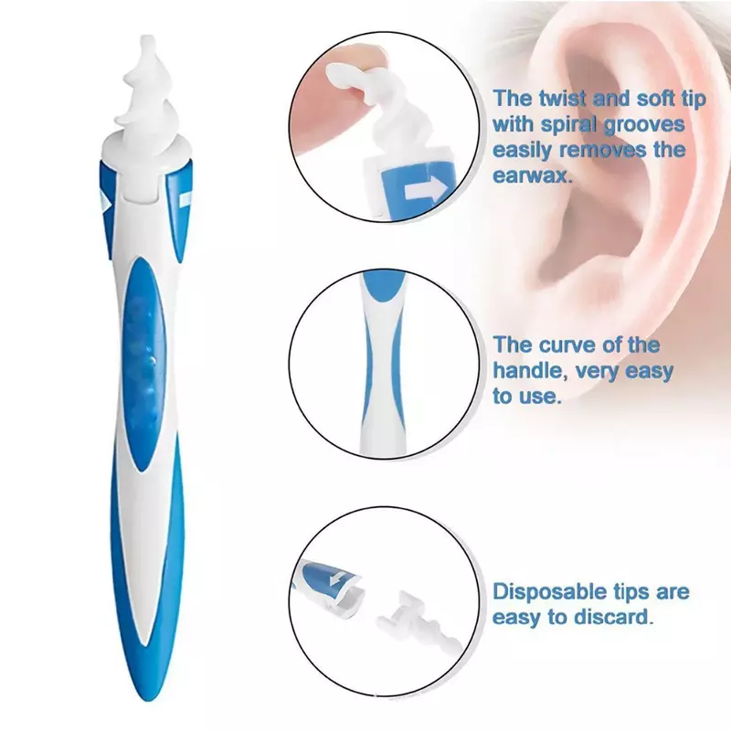 Soft Silicone Ear Cleaner Tool, Ear Wax Remover, Earpick espiral, Ferramentas de cuidados de saúde, 360 graus, 16 Substituição Dicas