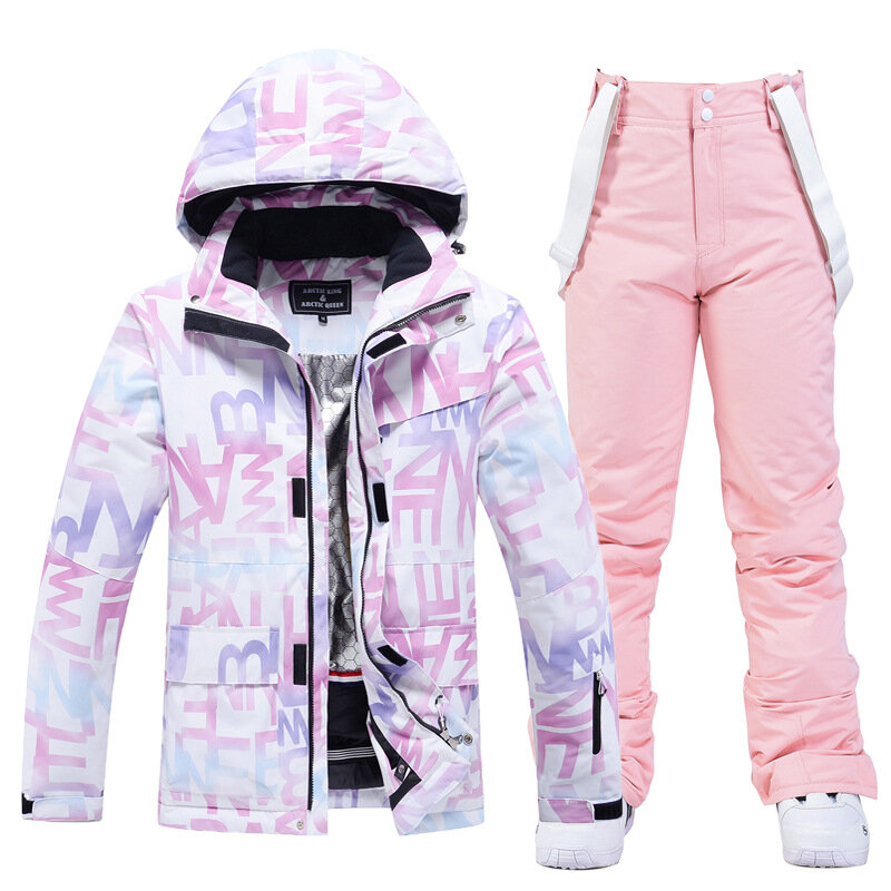 Pakaian Ski wanita huruf mode baru 2023 jaket Snowboard tahan air tahan angin musim dingin celana pakaian jalan salju wanita