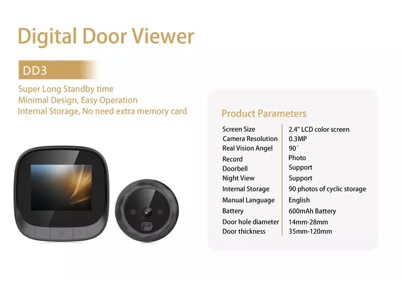กริ่งประตูอัจฉริยะแบบอินฟาเรด2.4นิ้ว DD3 LCD TFT มีกล้องตาแมวสำหรับดูที่ประตูบ้าน