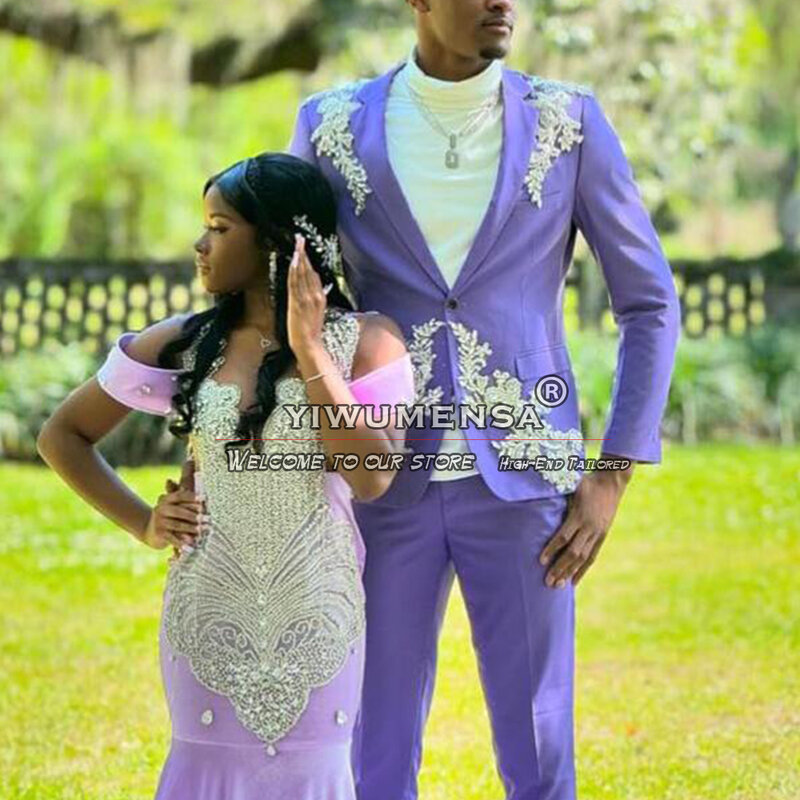 Luxury White Appliques Suits Men Slim Fit Handmade Purple Single Breasted Jacket Pants 2 Pcs Groom Tuxedo Costume Homme Marriage