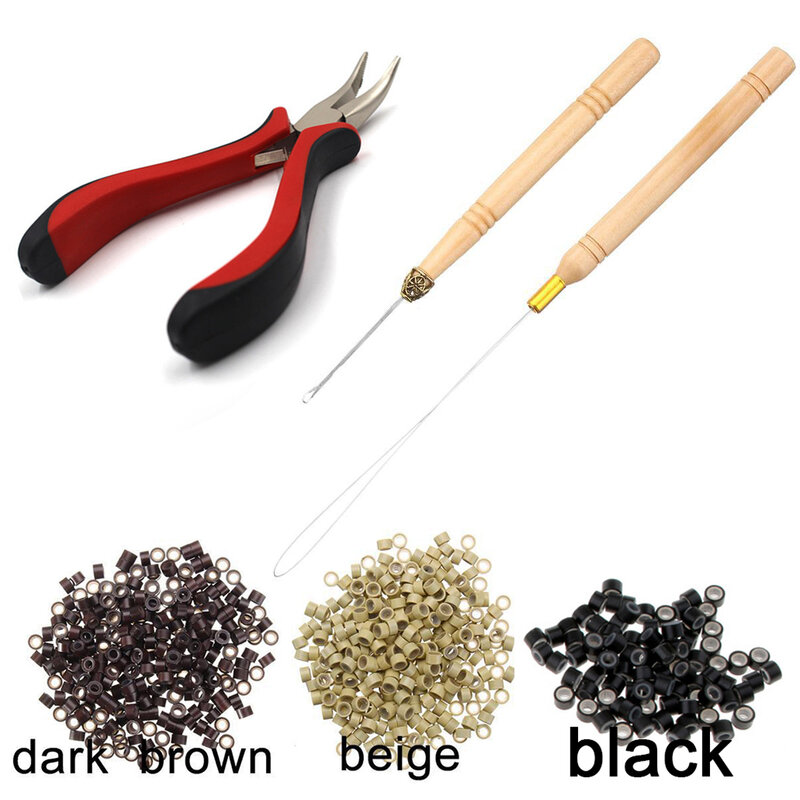 Hair Extensions Tools Kit 4 Pcs Black Dark Brown Light Brown Gold Micro Ring Beads 1 Micro Beads Plier 1 Hook Needle Pulling