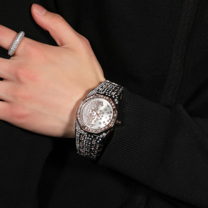 UWIN männer Big Dail Quarzuhr Iced Out Bling Diamant Top Dual Uhr Luxus Wasserdichte Armbanduhr