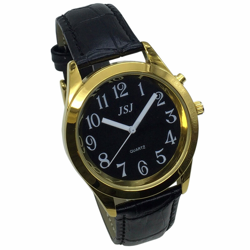 Montre parlant anglais avec fonction d'alarme, Date et heure parlantes, cadran noir, bracelet en cuir noir, étiquette dorée-807