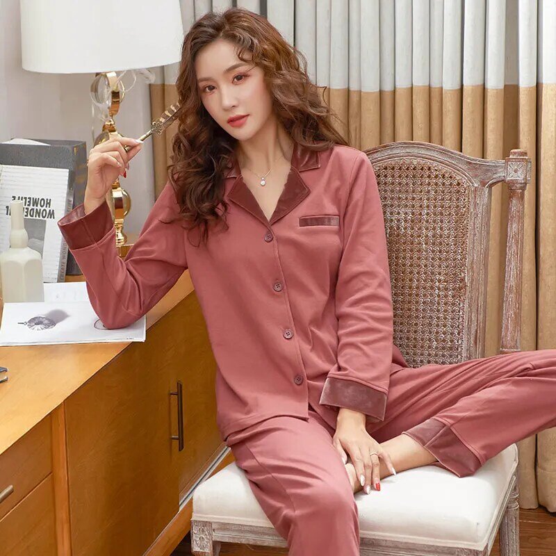 Pyjama en coton pur pour femmes, nouvelle collection printemps, couleur unie, haut à revers + bas Long, 2 pièces, 3xl