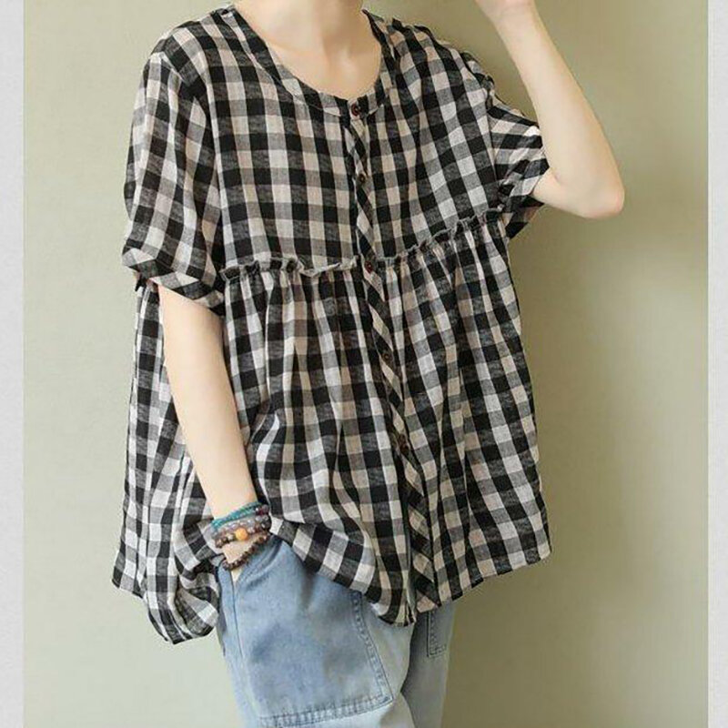 Fashion O-Neck Button Loose Spliced Ruffles Plaid Shirts Women Clothing 2024 Summer New Oversized Casual Tops All-match Blouses