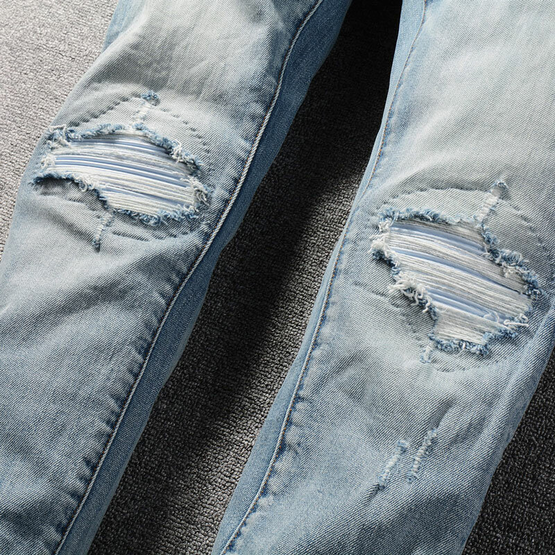 High Street Fashion Men Jeans Retro Light Blue Stretch Skinny Fit Ripped Jeans Men Leather Patched Designer Hip Hop Brand Pants