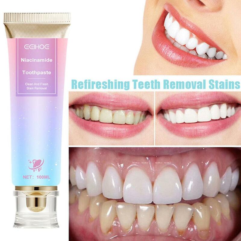 Pasta de dientes blanca brillante, nicotinamida de 100g, placa de respiración, elimina manchas, cuidado de pasta de dientes, blanqueamiento dental, N8u5