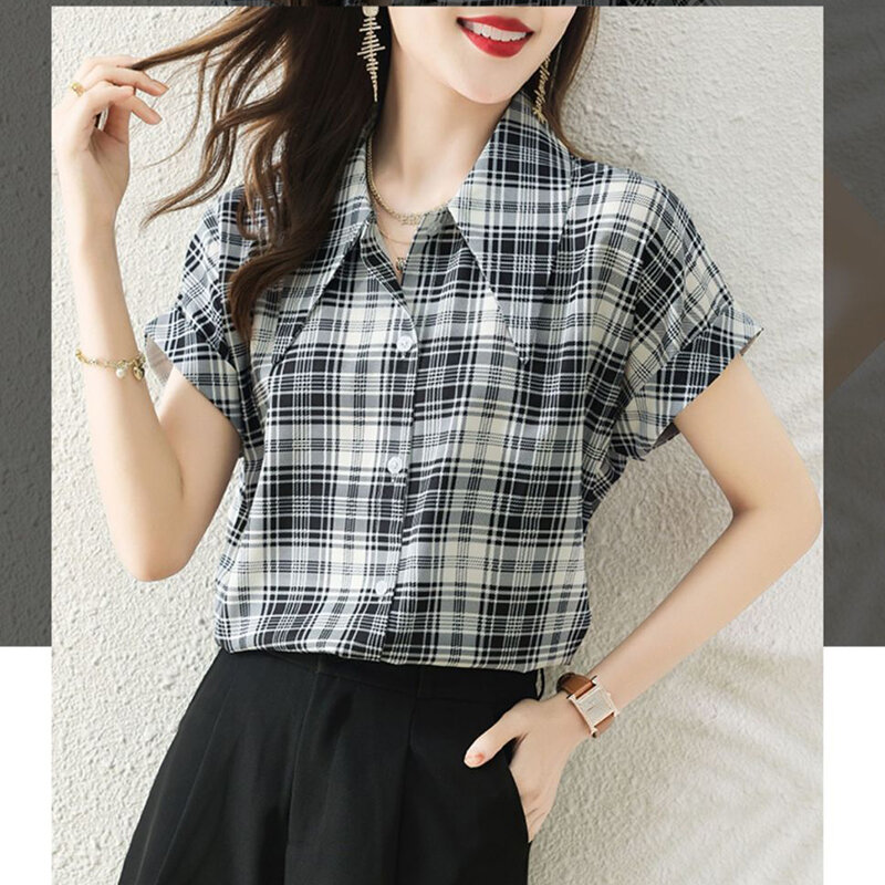 Botão de lapela feminino manga curta xadrez camisa de chiffon solta casual tops, roupas de verão, blusas senhora do escritório, moda 2024