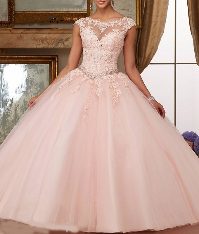 Бальные платья Quinceanera с аппликацией бусины глубоким круглым вырезом блестящие милые платья принцессы на 16 лет на 15 лет