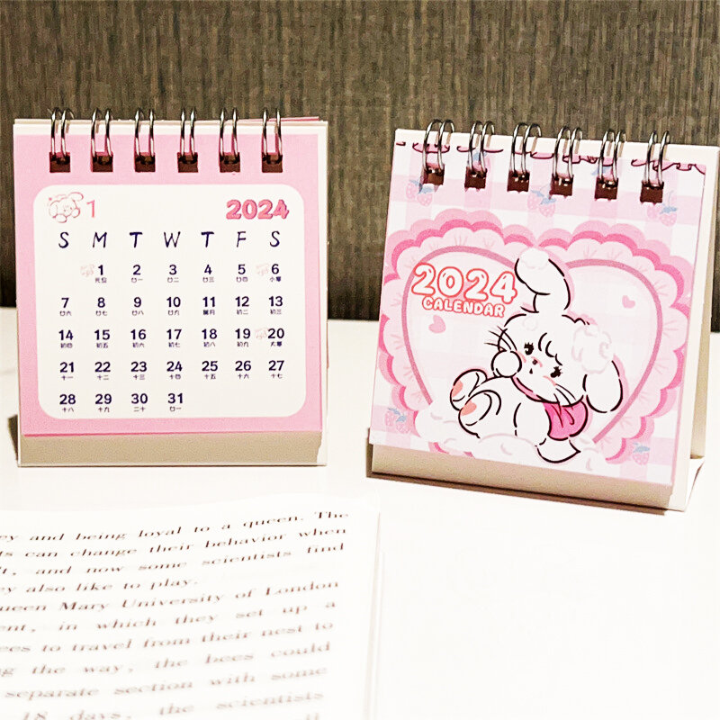 Kalender meja Mini kartun kucing Pink 2024, kalender Flip berdiri Desktop lucu untuk jadwal harian perencanaan bulanan kantor sekolah