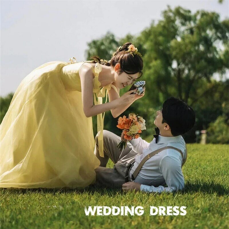 Oloey Eenvoudige Gele Tule Avondjurken Korea Bruiloft Fotoshoot Bandjes Korset Rug Prom Jurken Formele Feestjurk
