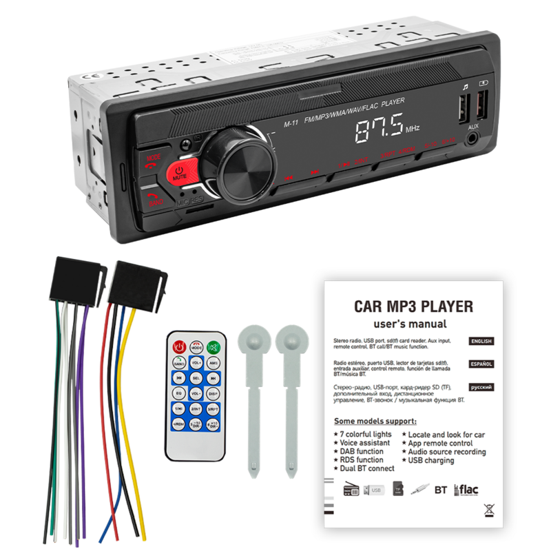 M11 Leitor Estéreo Rádio para Automóvel, Bluetooth Digital, MP3, FM, Áudio, Música, USB, SD com No Painel, Entrada AUX