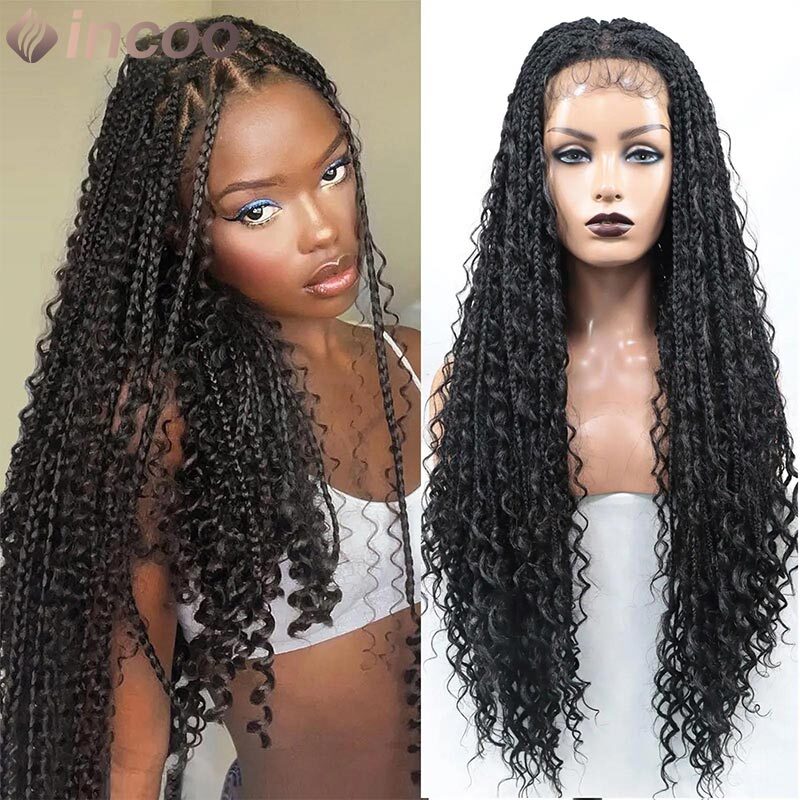 Dark Brown Colored Boho Box Locs Braid Wigs Curly Full Lace Front Wigs Synthetic Box Braided Wig Pre-Plucked Baby Hair For Women