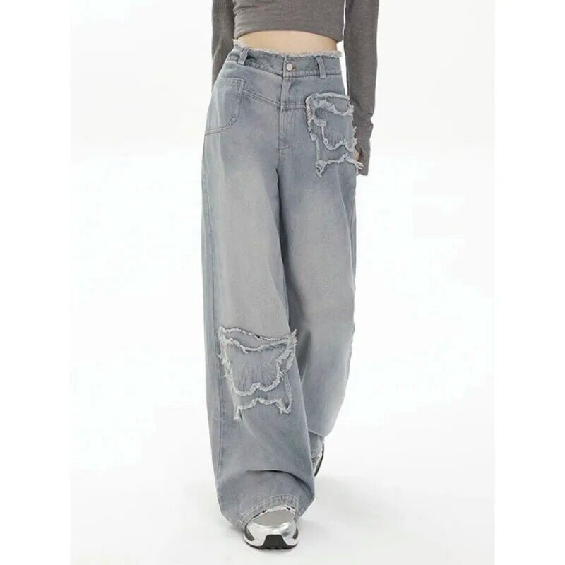 Джинсы женские с широкими штанинами, модные штаны в стиле ретро, с завышенной талией, шикарные Украшенные джинсовые брюки