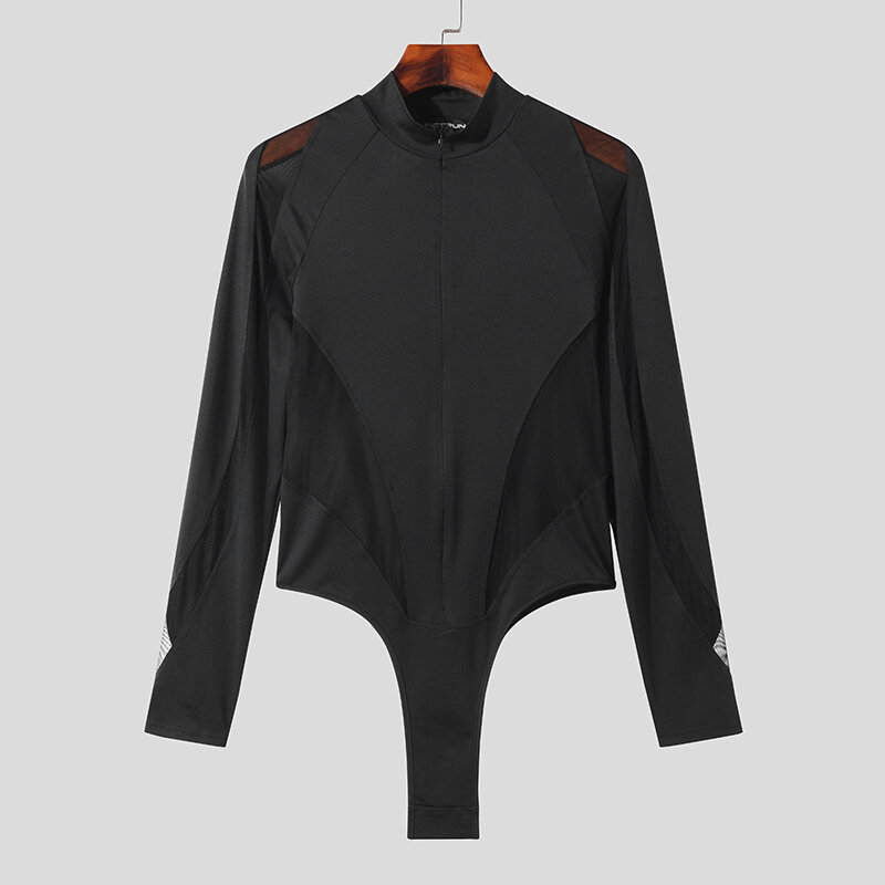 Incerun-Patchwork V-Neck Bodysuits masculinos de malha, macacão de manga comprida masculino, zíper transparente camiseta, streetwear, moda, 2023