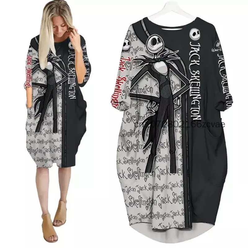 Disney-Jack Skellington feminino vestido de dormir de manga comprida, vestido de bolso Batwing, impresso em 3D, moda rua, novo