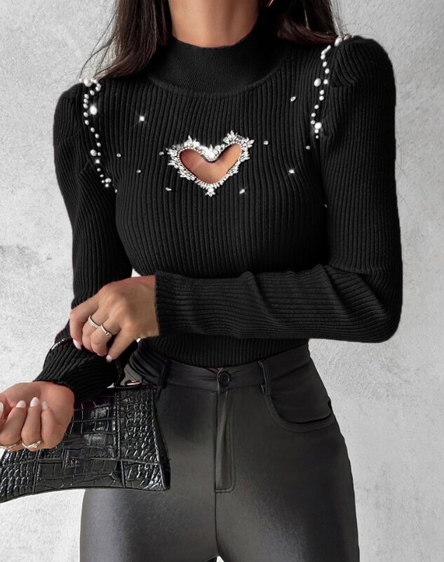 Sweater seksi wanita 2024 sweter serbaguna harian rajut ketat hati berongga berlian imitasi lengan panjang leher Mock terbaru Musim Semi