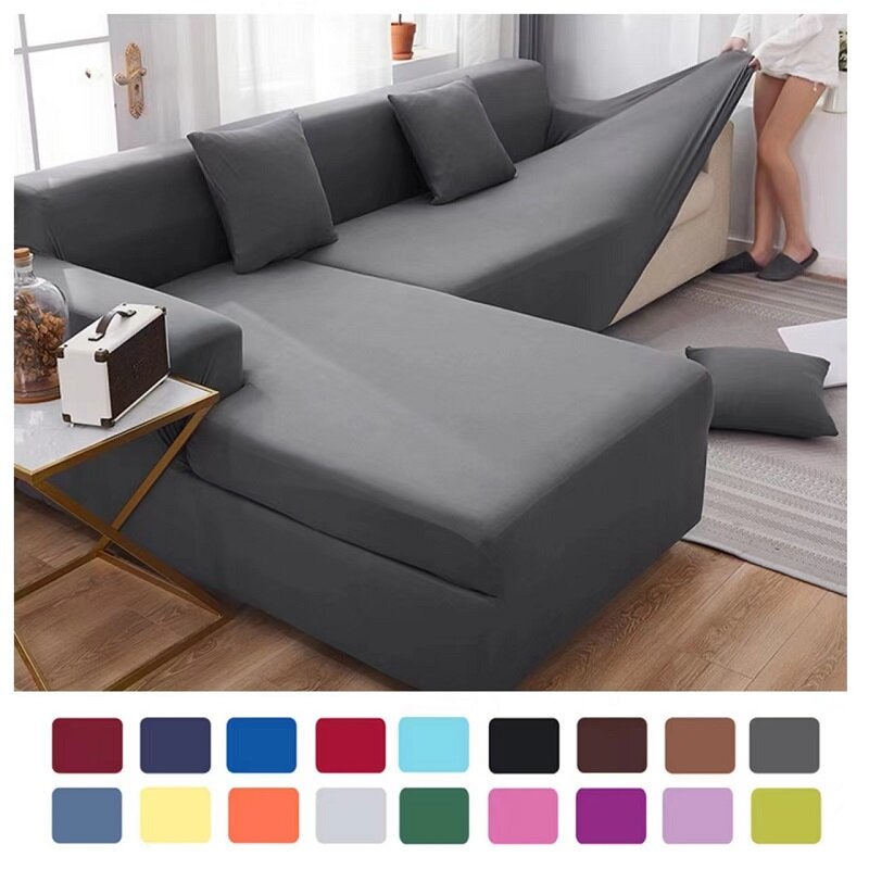Funda de sofá elástica de seda de leche para sala de estar, fundas de sofá de esquina seccional, Color sólido, 1/2/3/4 asientos, 1 unidad
