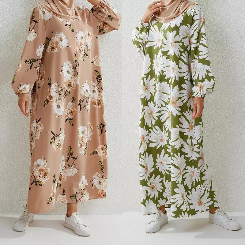 Women Eid Muslim Abaya O Neck Puff Sleeve Dubai Kaftan Islam Flowers Vestidos Casual Ramadan Arab Abayas Loose Long Robe
