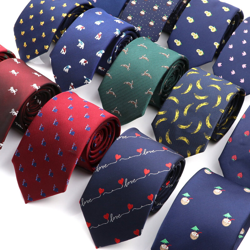 Novelty Men's Skinny Ties Animal Fruit Patten Red Blue Jacquard Neckties For Wedding Party Business Suits Daily Wear Cravat Gift