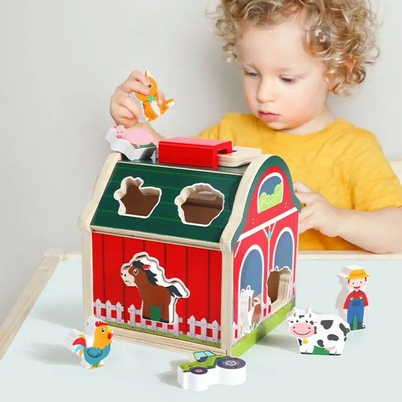 Farm Animal Learning Brinquedos, Shape Sorting Montessori Brinquedos, Barn Toy Set, Stacking House Game, Brinquedos Educativos