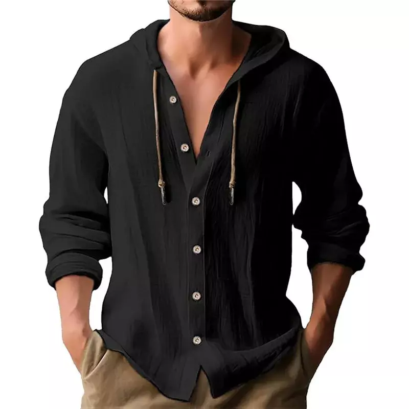 Vintage 100% cotton linen hooded shirts Men Long sleeve solid color hoodie cardigan Spring Autumn Fashion Casual Tops For Mens