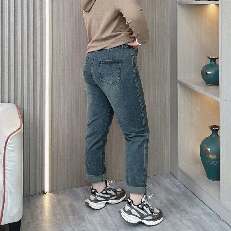 2024 Lente En Herfst Nieuwe Plus Size Jeans Vrouwen Elastische Hoge Taille Stretch Enkellange Denim Harembroek