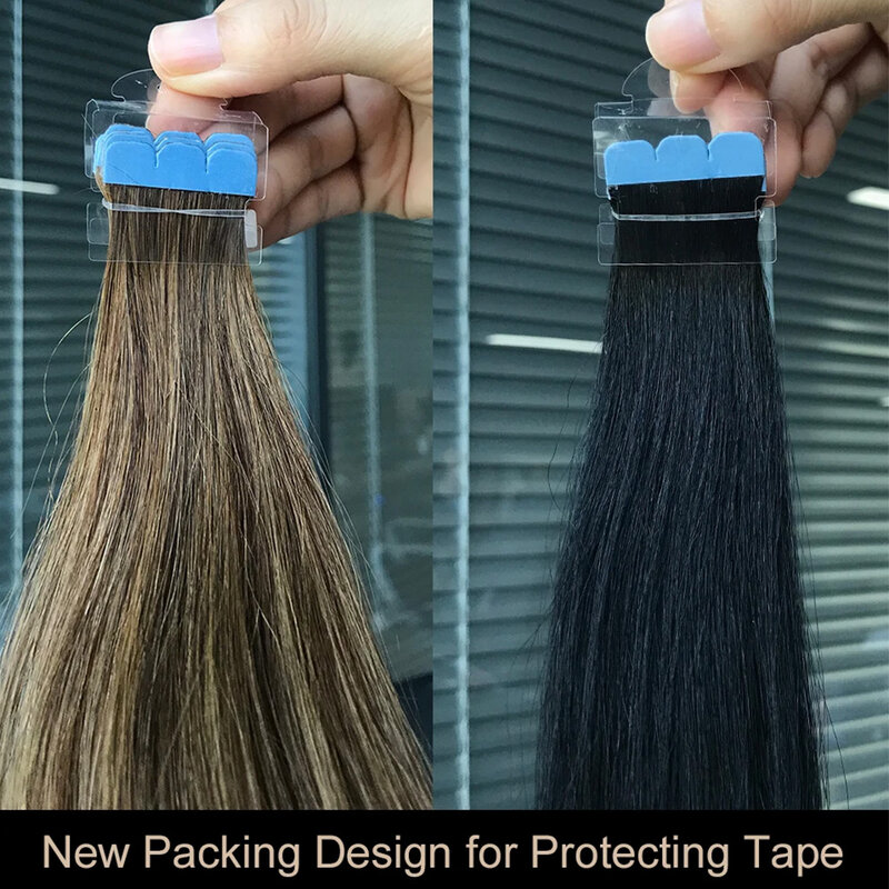 Mini Tape dalam ekstensi rambut manusia Double Side tak terlihat mulus Tape Ins rambut alami lurus hitam coklat rambut pirang