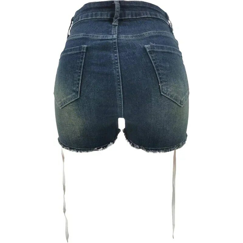 Mode Gepersonaliseerde Veters Denim Shorts Vrouwen Casual Streetwear Nieuwe Ultra Korte Driekwart Broek Dames Slim Fit Mini Jeans