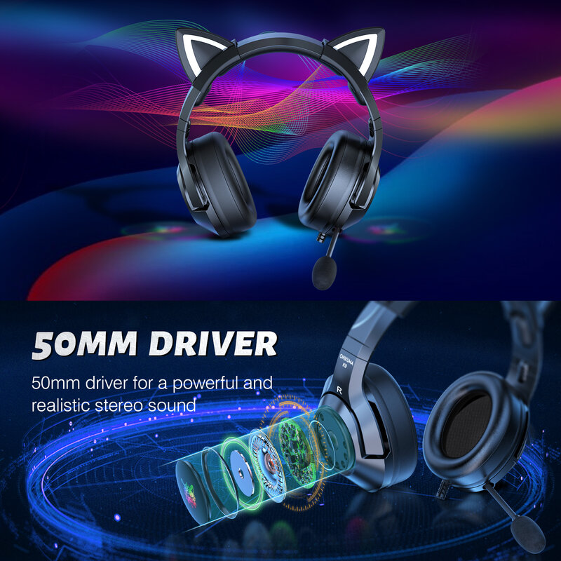 ONIKUMA-auriculares K9 RGB para juegos, cascos con orejas de gato desmontables, flexibles, HD, micrófono, para ordenador, PC