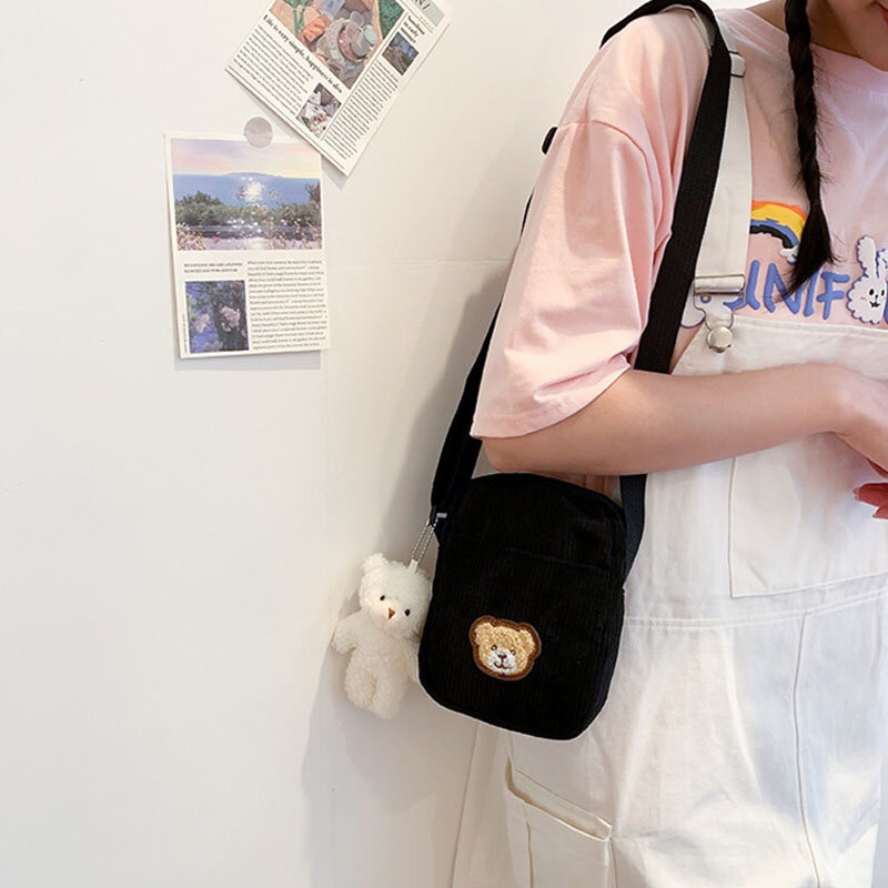 벨벳 베어 어린이 학생 원 숄더 휴대폰 미니 메신저 작은 가방, 귀여운 패션 숄더백, 동전 카드 키 지갑