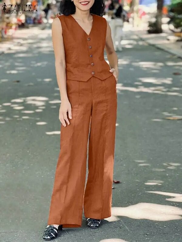 Letnie damskie ZANZEA pasujące zestawy robocze 2 szt. Eleganckie bluzka bez rękawów zestawy szerokie spodnie nogi, jednolity kolor, spodnie pasują do stylowych dresów