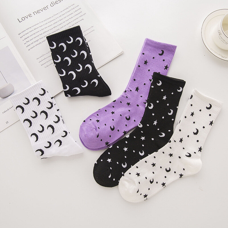 Men's and Women's Socks New Adult Socks with Star and Moon Patterns,Cotton Anti Slip and Sweat Absorbing Long Socks