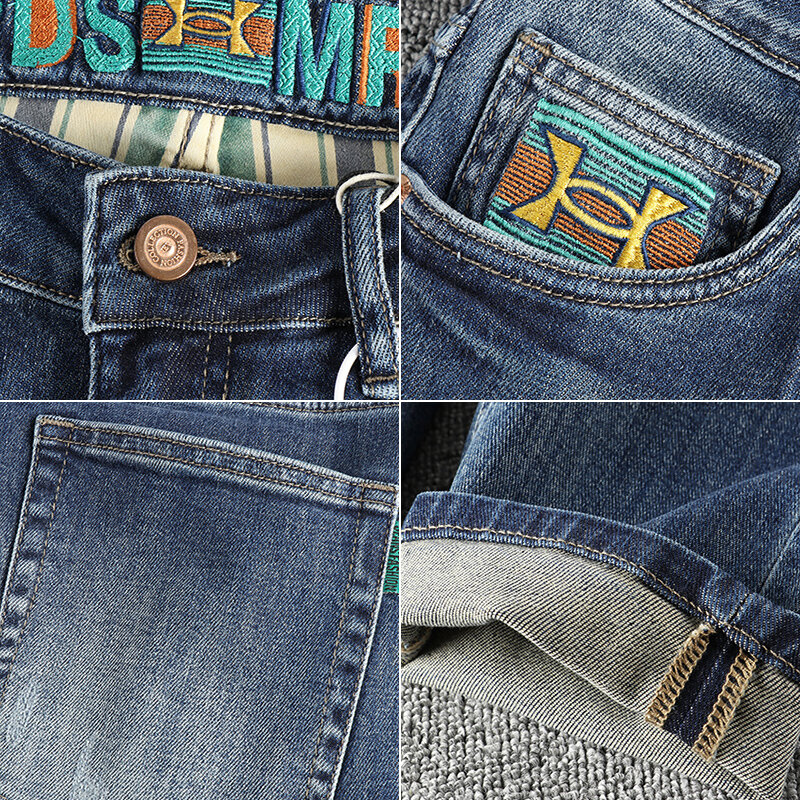 Summer fashion men's new heavy craft embroidery washed blue jeans slim small straight stretch comfortable pants