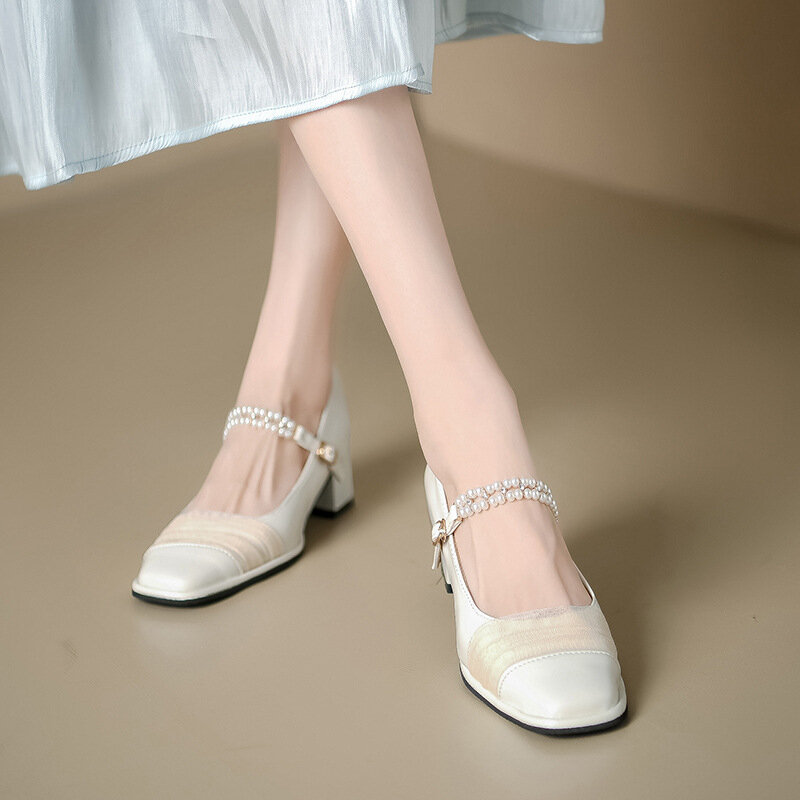 Mary Jane-zapatos de tacón alto con hebilla de perla francesa para mujer, zapatos de moda con cabeza cuadrada, Color sólido, estilo lindo