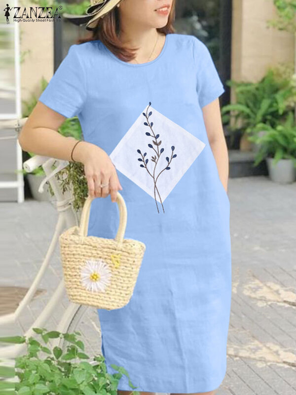 ZANZEA-vestido de verano de manga corta para mujer, ropa informal con bordado Floral para playa, Midi, gran tamaño