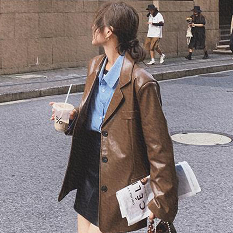 Женское однобортное кожаное пальто, свободное винтажное пальто с карманами и отложным воротником в офисном стиле, 2023