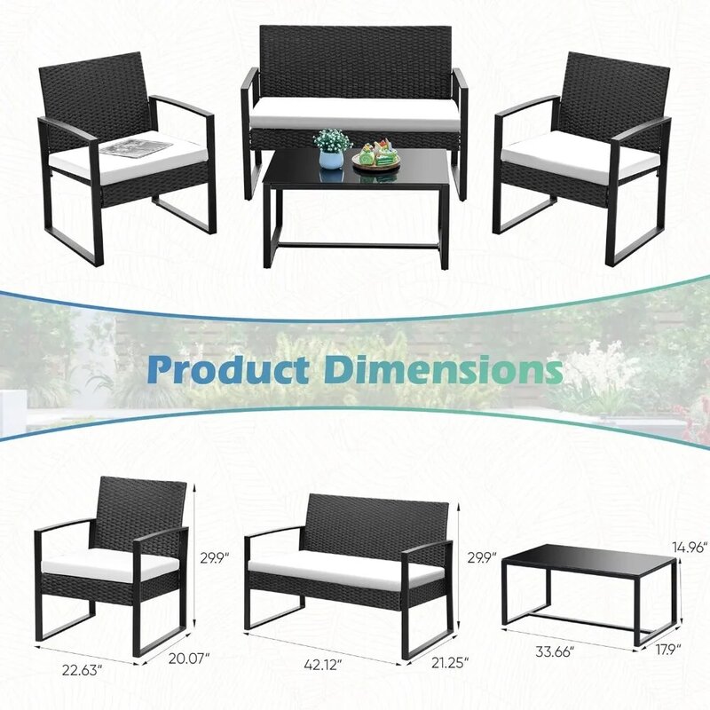 Conjunto de móveis de vime ao ar livre conversação pátio, cadeiras de vime, mesa de café para jardim, piscina, gramado, branco, 4 pcs