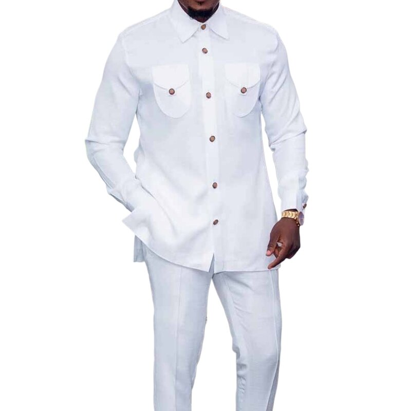 Conjunto de camisa e calça de manga comprida masculina, gola lapela, roupas de botão, roupas casuais, roupas diárias, roupas masculinas, 2 peças