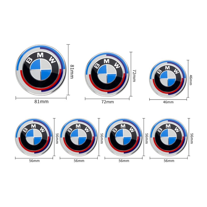 Front Hood Emblem For BMW 50th Anniversary Logo 81mm+Rear Badge 74mm+Wheel Hub Cap 68mm+56mm Steering Wheel Sticker 46mm