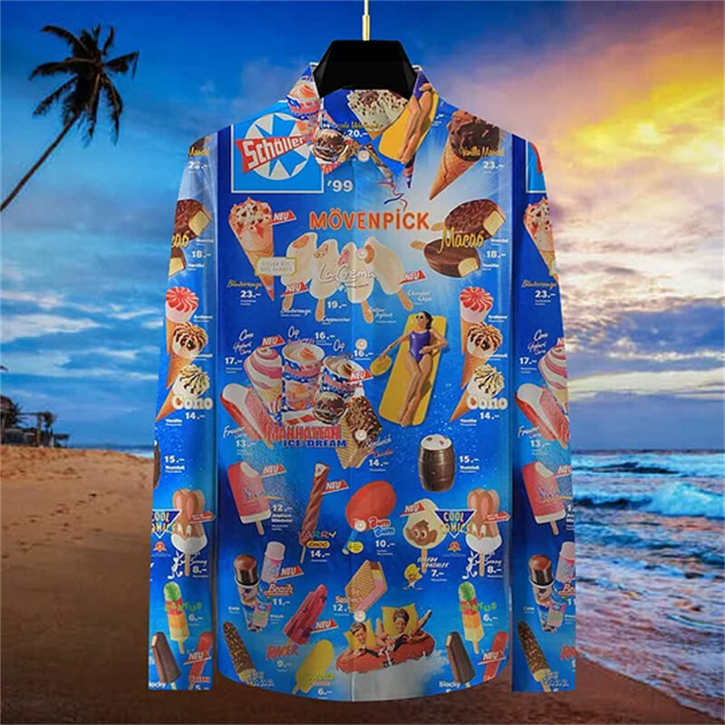 Chemises à manches longues pour hommes, imprimé 3D, respirant, mode ChimCool, crème glacée, fête sur la plage, haut d'été, nouveau