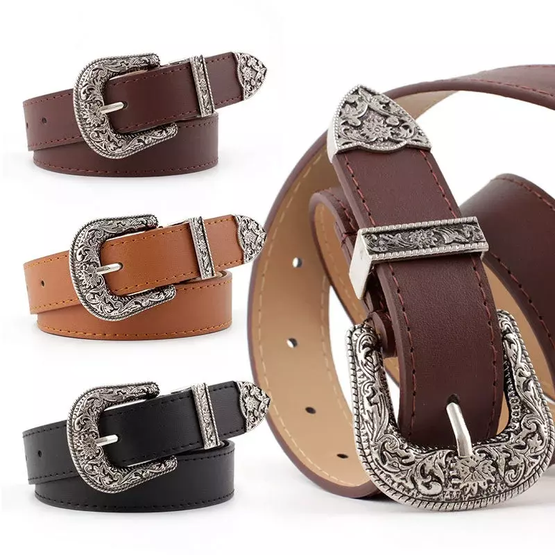 2024 New Fashion Vintage Women's Pin Buckle Belt Carved Leather Belt Female Cowboy Hight Waist Belts for Ladies Jeans Dresses