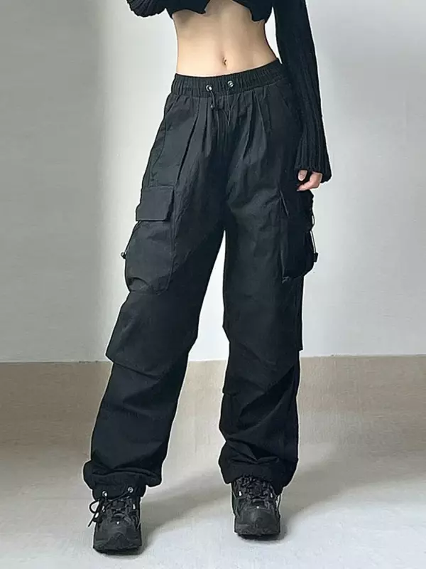 Deeptown Harajuku Cargo Parachute Pants Women Oversized Vintage Streetwear Y2k Hip Hop Baggy Wide Leg Joggers Sweatpant Techwear