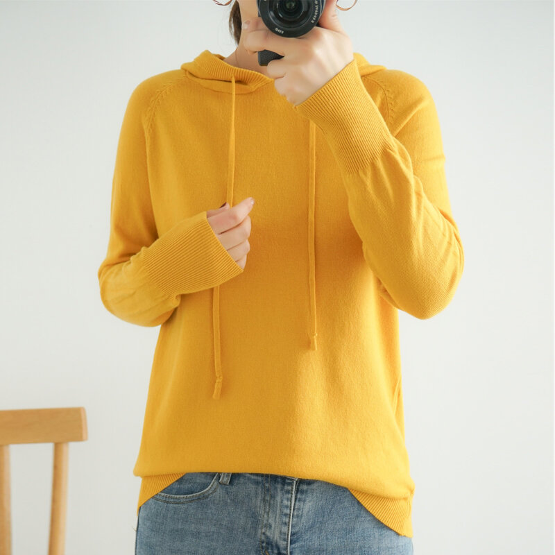 Женский свитер с капюшоном, однотонный Свободный пуловер с длинным рукавом, весна-осень
