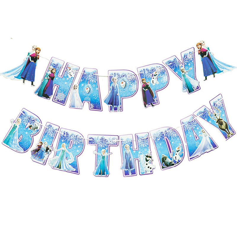 Frozen Princess Theme Bunting Decorações, Happy Birthday Flags, Hanging Banner, Baby Shower Eventos Party Supplies, 1 Conjunto por lote