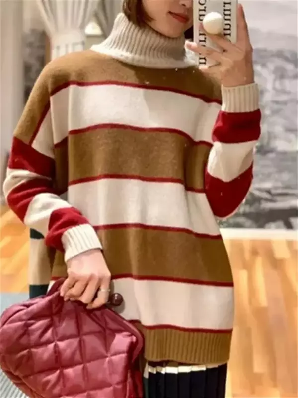 Suéter de punto de manga larga para mujer, Jersey holgado a rayas en contraste, cuello alto que combina con todo